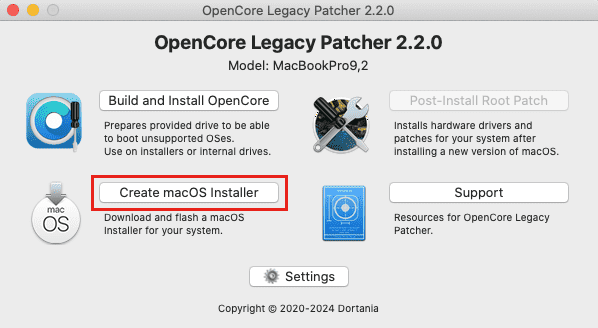OpenCore-Patcherを起動します。Create macOS Installerを選択