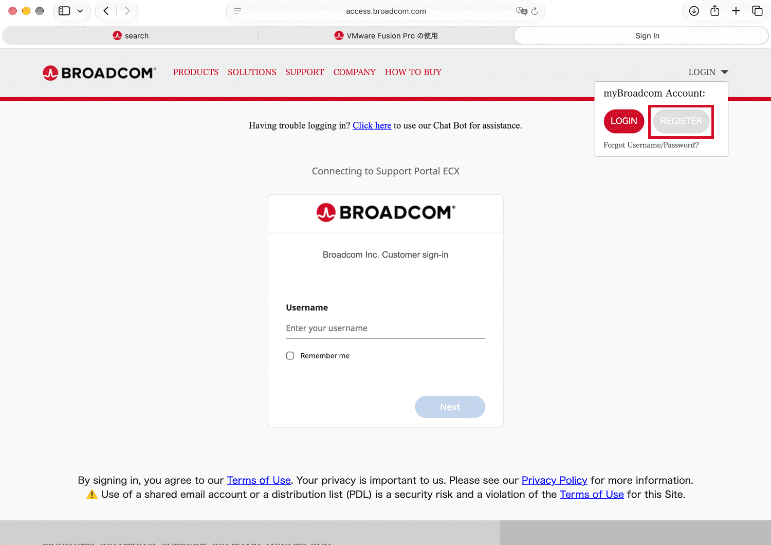 右上の「LOGIN」メニューを展開し「REGISTER」を選択